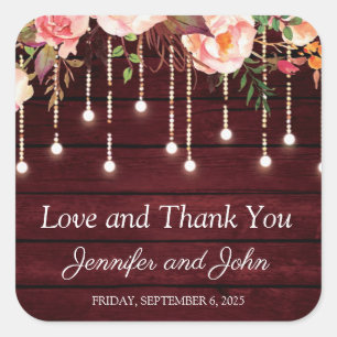 Floral Maroon Wooden Rustic Wedding Square Sticker