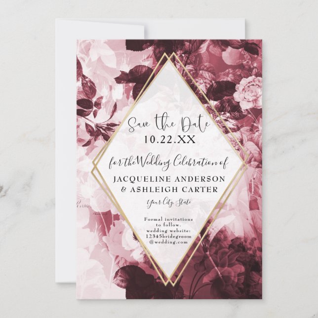 Floral Marsala Red Gold Geometric w Script Save The Date (Front)