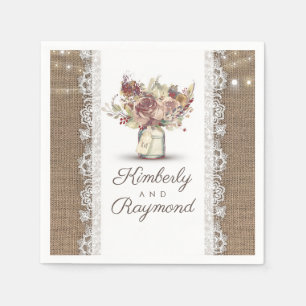 Floral Mason Jar and Burlap Lace Rustic Wedding Napkin
