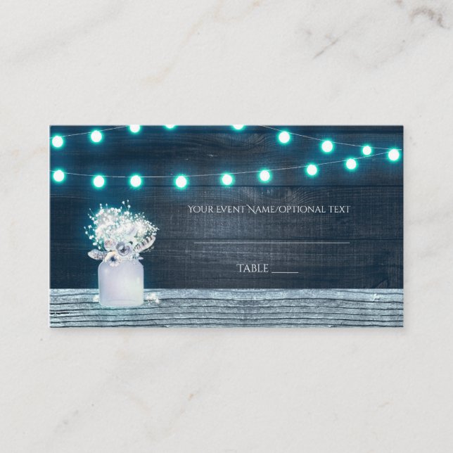 Floral Mason Jar & Blue Lights Rustic Table Place Place Card (Front)