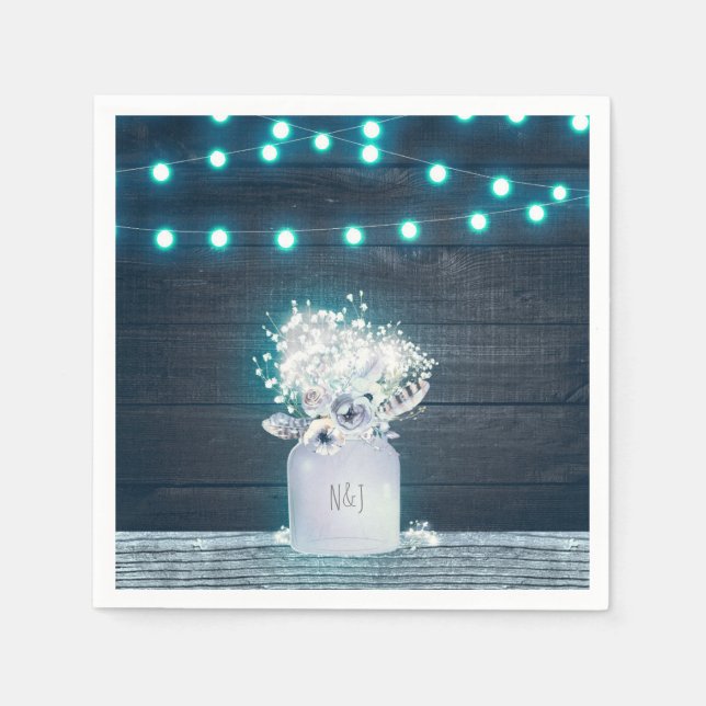 Floral Mason Jar & Blue Lights Rustic Wedding Napkin (Front)