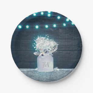 Floral Mason Jar & Blue Lights Rustic Wedding Paper Plate