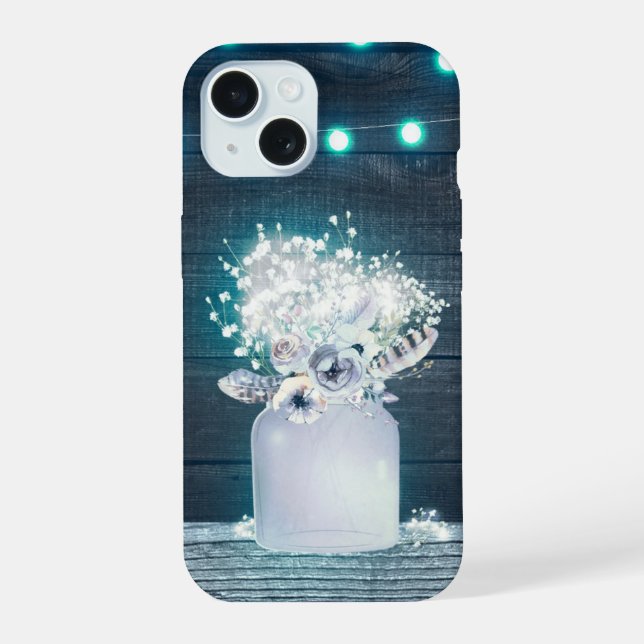 Floral Mason Jar & Blue String Lights Rustic iPhone 15 Case (Back)