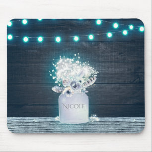 Floral Mason Jar & Blue String Lights Rustic Mouse Pad