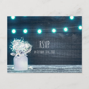 Floral Mason Jar & Blue String Lights Rustic RSVP Invitation Postcard