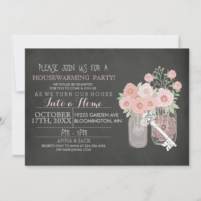 Floral Mason Jar Chalkboard Housewarming Invite (Front)
