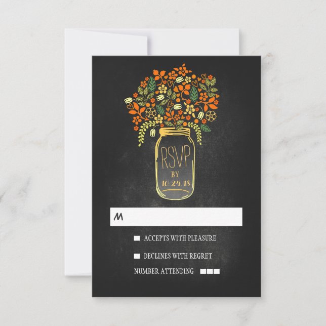 Floral mason jar chalkboard wedding RSVP (Front)