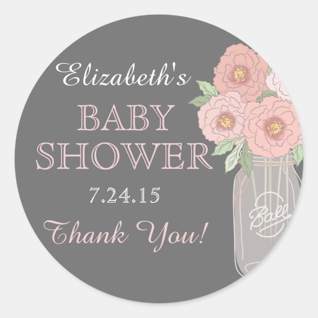 Floral Mason Jar Grey Pink Baby Shower Sticker (Front)