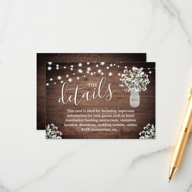 Floral Mason Jar Lights  Monogram Wedding Details  Enclosure Card (Front/Back In Situ)
