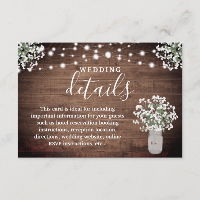 Floral Mason Jar Lights  Monogram Wedding Details Enclosure Card (Front)