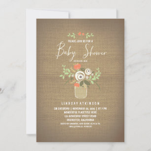 Floral Mason Jar Rustic Burlap Baby Shower Invitation