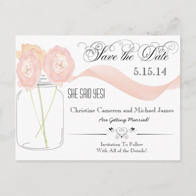 Floral Mason Jar Save the Date Postcards (Front)