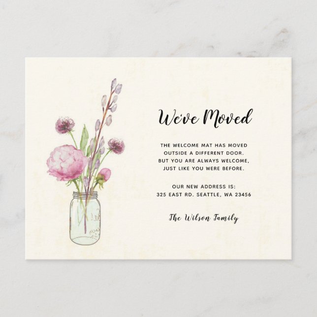 Floral Mason Jar We Have Moved New Address Moving Postcard (Front)