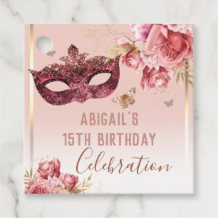 Floral Masquerade Pink Happy 15th Birthday  Favour Tags