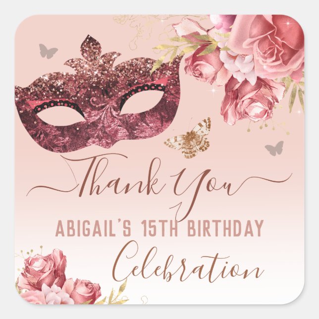 Floral Masquerade Pink Happy 15th Birthday Square Sticker (Front)