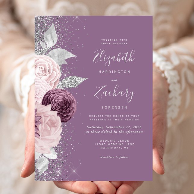 Floral Mauve Blush Silver Glitter Wedding Invitation (Creator Uploaded)