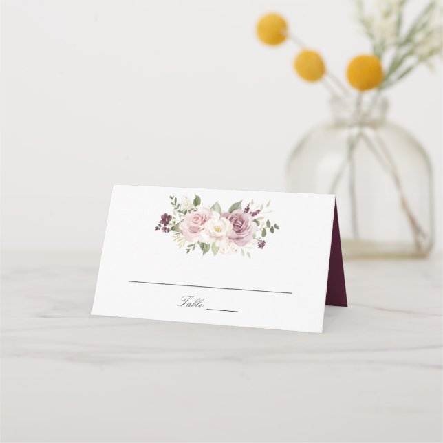 Floral Mauve Blush White Greenery Elegant Wedding Place Card (Front)
