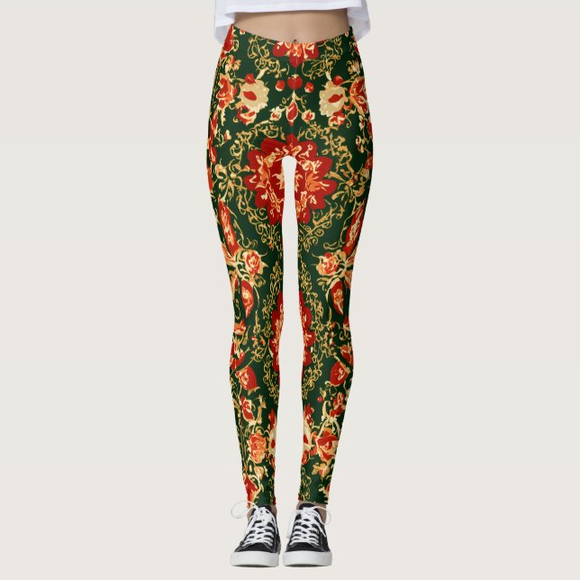 "Floral Meadow Leggings: Original Green Design" Leggings (Front)