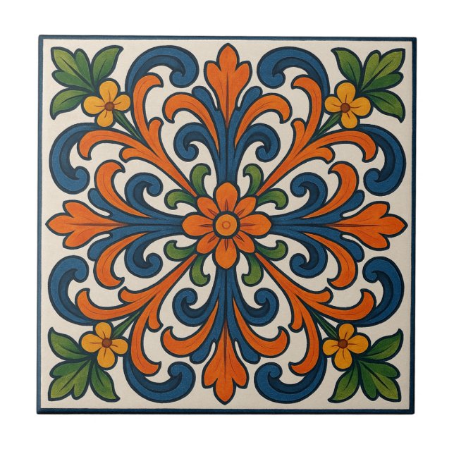 Floral Medallion Hand-Painted Style Tile (Front)