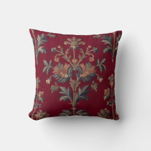 floral medieval embroidery in burgundy red throw pillow