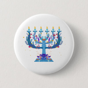 floral menorah hanukkah 2 inch round button