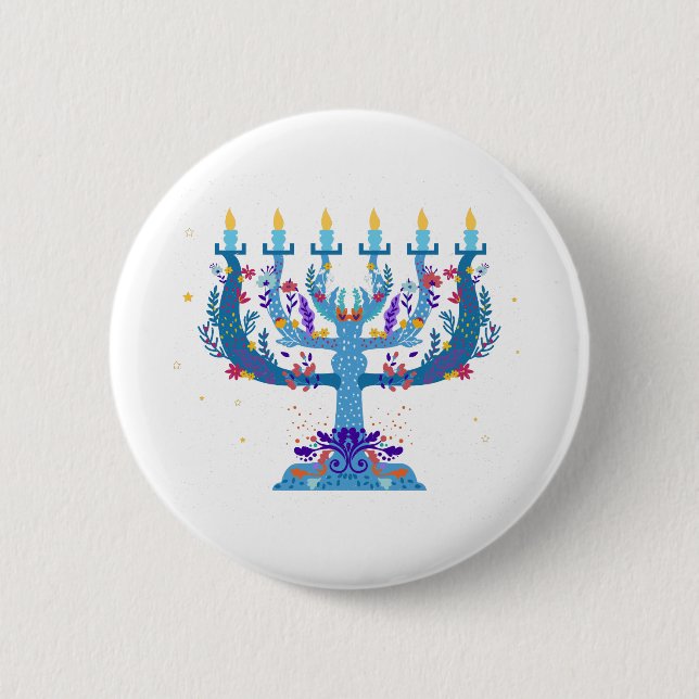 floral menorah hanukkah 2 inch round button (Front)