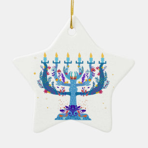 floral menorah hanukkah ceramic ornament