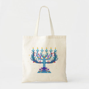 floral menorah hanukkah tote bag