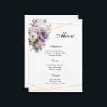 Floral Menu Card<br><div class="desc">Menu card is shown with a lovely lavender whisper floral print,  shown on the white signature matte card paper.
Script and standard text in a black colour and has a gold colour abstract line accent. 
Customize the menu items and change the items to yours with this template.



Licensed Print</div>