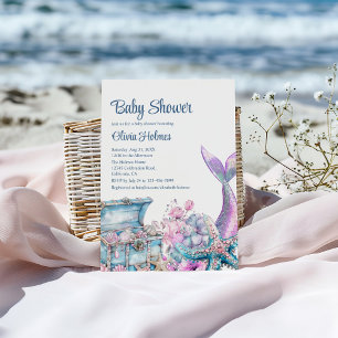 Floral Mermaid Tail Starfish Baby Shower Invitation