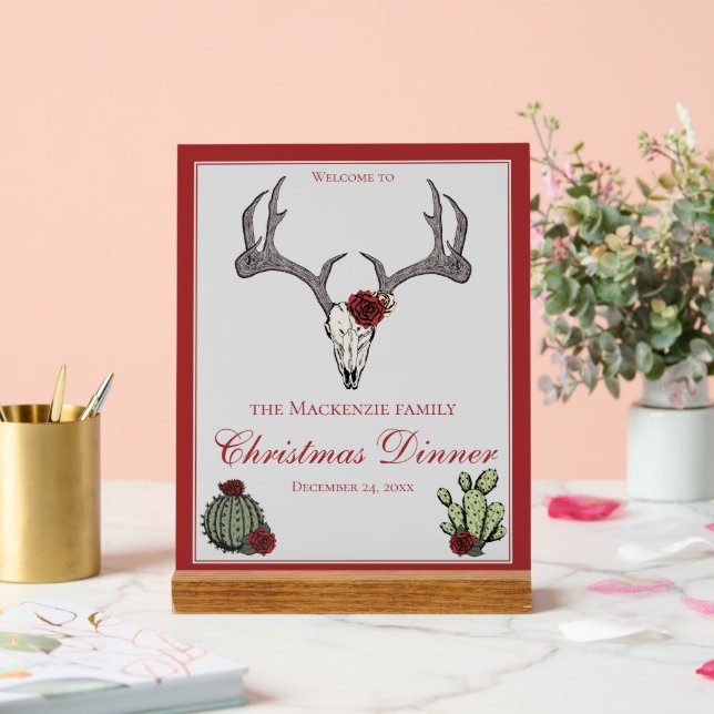 Floral Merry Christmas Deer Head Skull Cactus Acrylic Sign (Wedding)