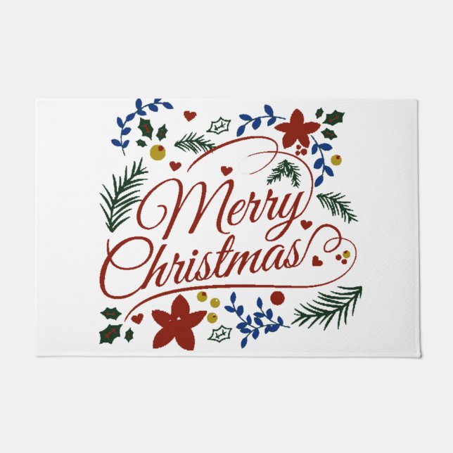 Floral Merry Christmas   Doormat (Front)
