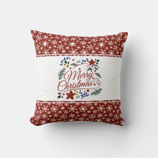 Floral Merry Christmas Throw Pillow (Front)