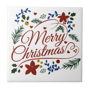 Floral Merry Christmas   Tile