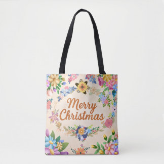 Floral Merry Christmas Wreath Tote Bag