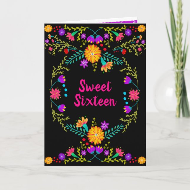 Floral Mexican Fiesta Black and Pink Sweet 16 Invitation (Front)