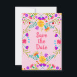 Floral Mexican Fiesta & Papel Picado - Pink Save The Date<br><div class="desc">Floral Save the Date card in colourful Mexican Fiesta style and decorated both sides with folk art flowers and papel picado. The wording on the front simply reads "Save the Date" in pink on a pink background. On the back, the template is set up ready for you to add your...</div>