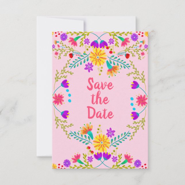 Floral Mexican Fiesta & Papel Picado - Pink Save The Date (Front)