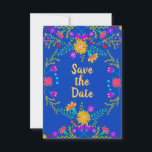 Floral Mexican Fiesta & Papel Picado - Royal Blue Save The Date<br><div class="desc">Floral Save the Date card in colourful Mexican Fiesta style and decorated both sides with folk art flowers and papel picado. The wording on the front simply reads "Save the Date" on a royal blue background. On the back, the template is set up ready for you to add your special...</div>