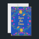 Floral Mexican Fiesta & Papel Picado - Royal Blue Save The Date<br><div class="desc">Floral Save the Date card in colourful Mexican Fiesta style and decorated both sides with folk art flowers and papel picado. The wording on the front simply reads "Save the Date" on a royal blue background. On the back, the template is set up ready for you to add your special...</div>