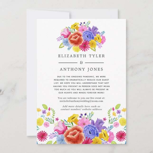 Floral Mexican Fiesta Reduced Wedding Guest List Announcement (Front)
