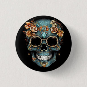 Floral Mexican Skull Day of the Dead Dia De Muerto 1 Inch Round Button