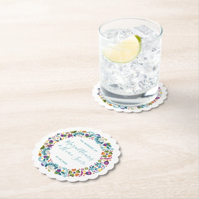 Floral Mexican Style Personalized Wedding Paper Coaster (Insitu)