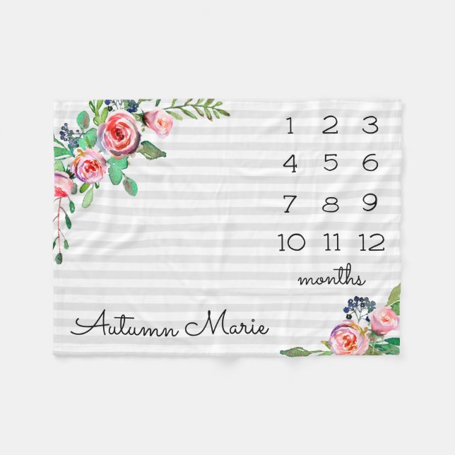 Floral Milestone Baby Blanket (Front (Horizontal))