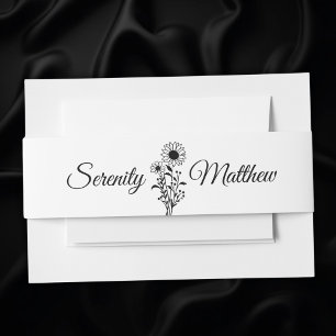 Floral Minimalist Black White Sunflower Wedding    Invitation Belly Band