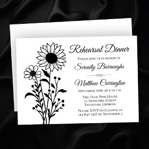 Floral Minimalist Black White Wedding Rehearsal Invitation