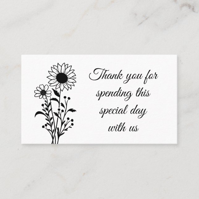 Floral Minimalist Black White Wedding Thank You Place Card (Front)