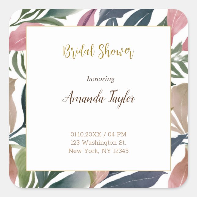 Floral Minimalist Calligraphy Bridal Shower Card Square Sticker (Front)