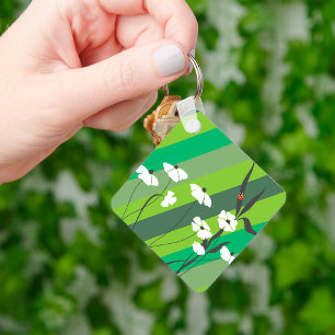 Floral Minimalist Ladybug on Green Stripes Keychain
