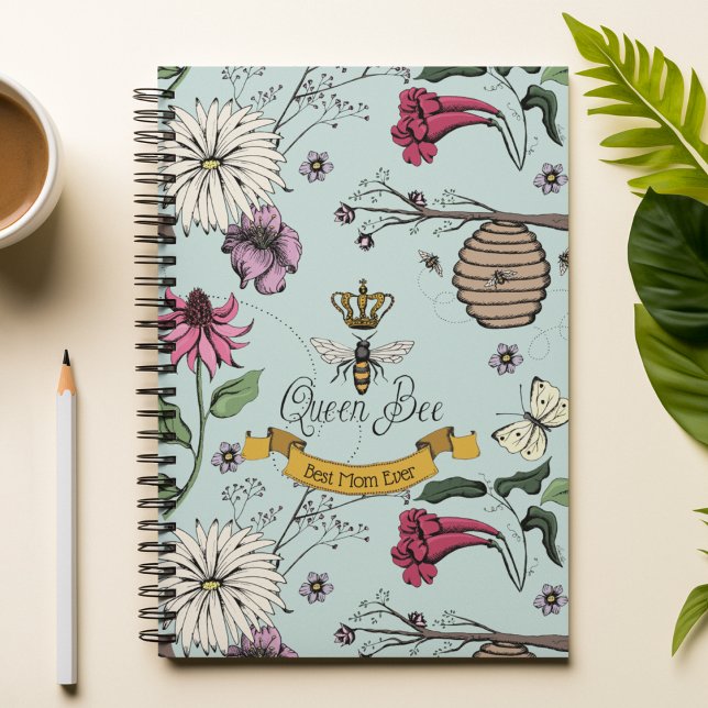 Floral Mint Best Mom Ever Queen Bee Notebook (Chic Mint Hand-Drawn Royal Queen Bee Illustration with 3 Custom Texts.
Front: 1 Text
Back: 2 Texts)